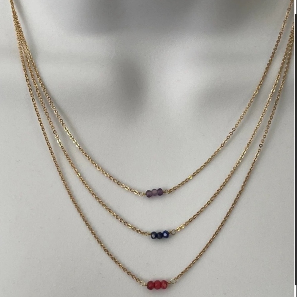 Bundle of 3 faceted natural rhodonite lapis lazuli amethyst gold tone necklaces